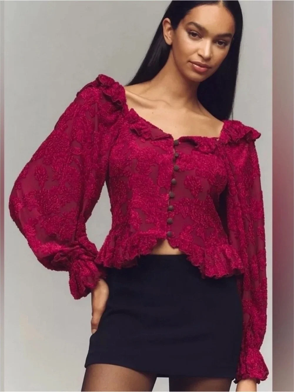 Anthropologie Velvet Burnout Raspberry Red Lace Peasant Puff-Sleeve Blouse XS